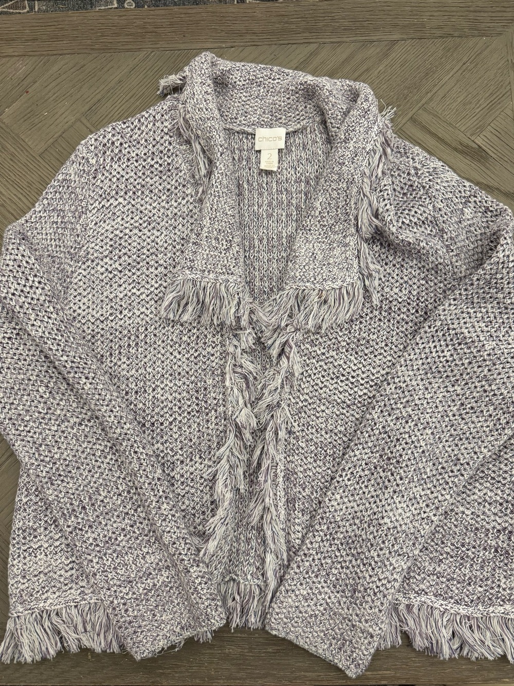Chico's 2 Lavender Fringe Open-Front Cardigan